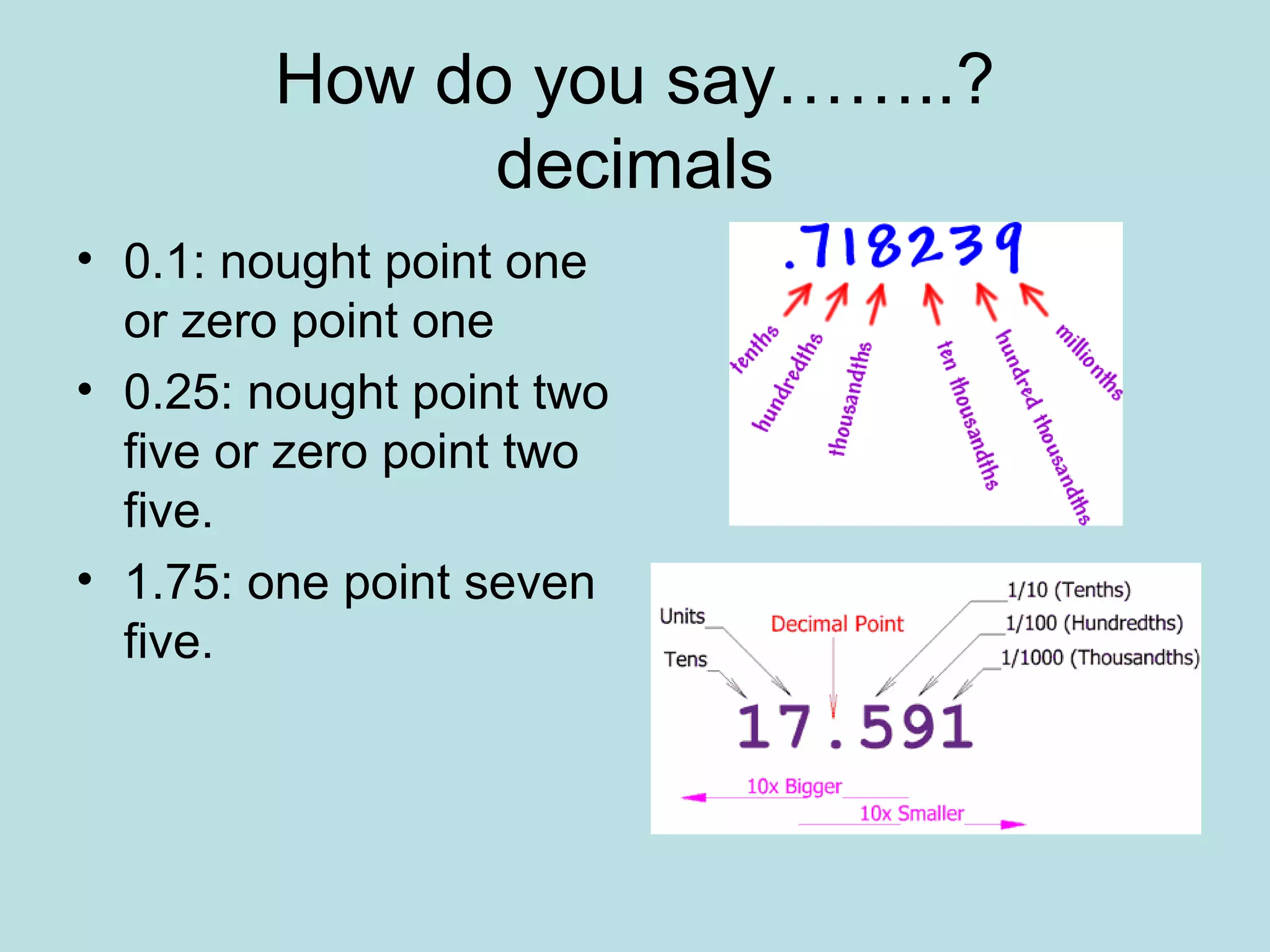 How do you say……..?
              decimals
• 0.1: nought point one
  or zero point one
• 0.25: nought point two
  five or zero point two
  five.
• 1.75: one point seven
  five.
 