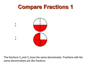 Compare Fractions 1 The fractions  2 / 4  and  3 / 4  have the same denominator. Fractions with the same denominators are  like fractions .  