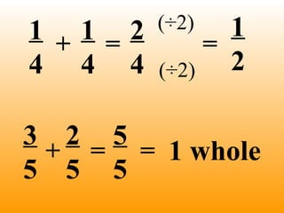 1 +1=2   (÷2)   1
              =
4 4 4    (÷2)   2

3 2 5
 + = = 1 whole
5 5 5
 