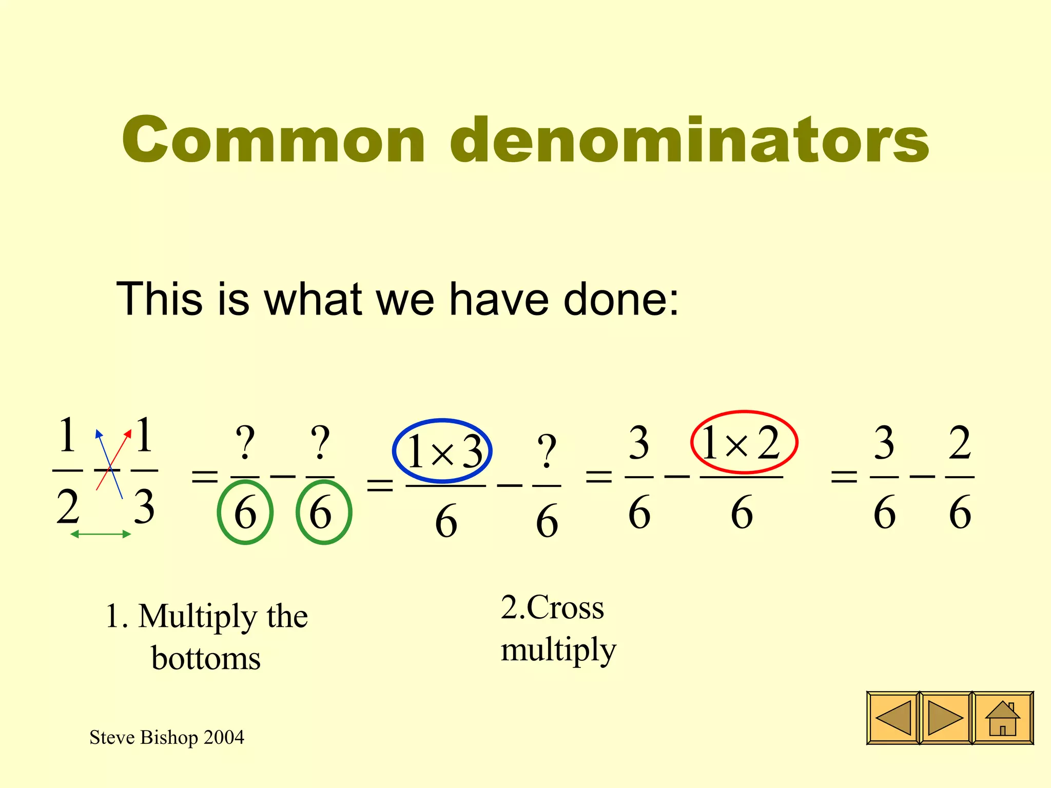 Common denominators This is what we have done: 1. Multiply the bottoms 2.Cross multiply 