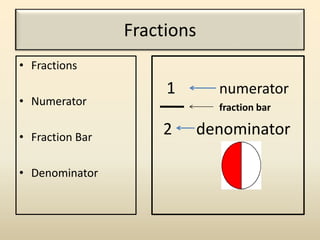 Fractions
• Fractions
• Numerator
• Fraction Bar
• Denominator
1 numerator
fraction bar
2 denominator
 