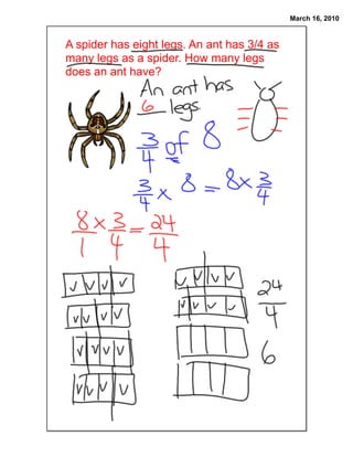 March 16, 2010


A spider has eight legs. An ant has 3/4 as
many legs as a spider. How many legs
does an ant have?
 