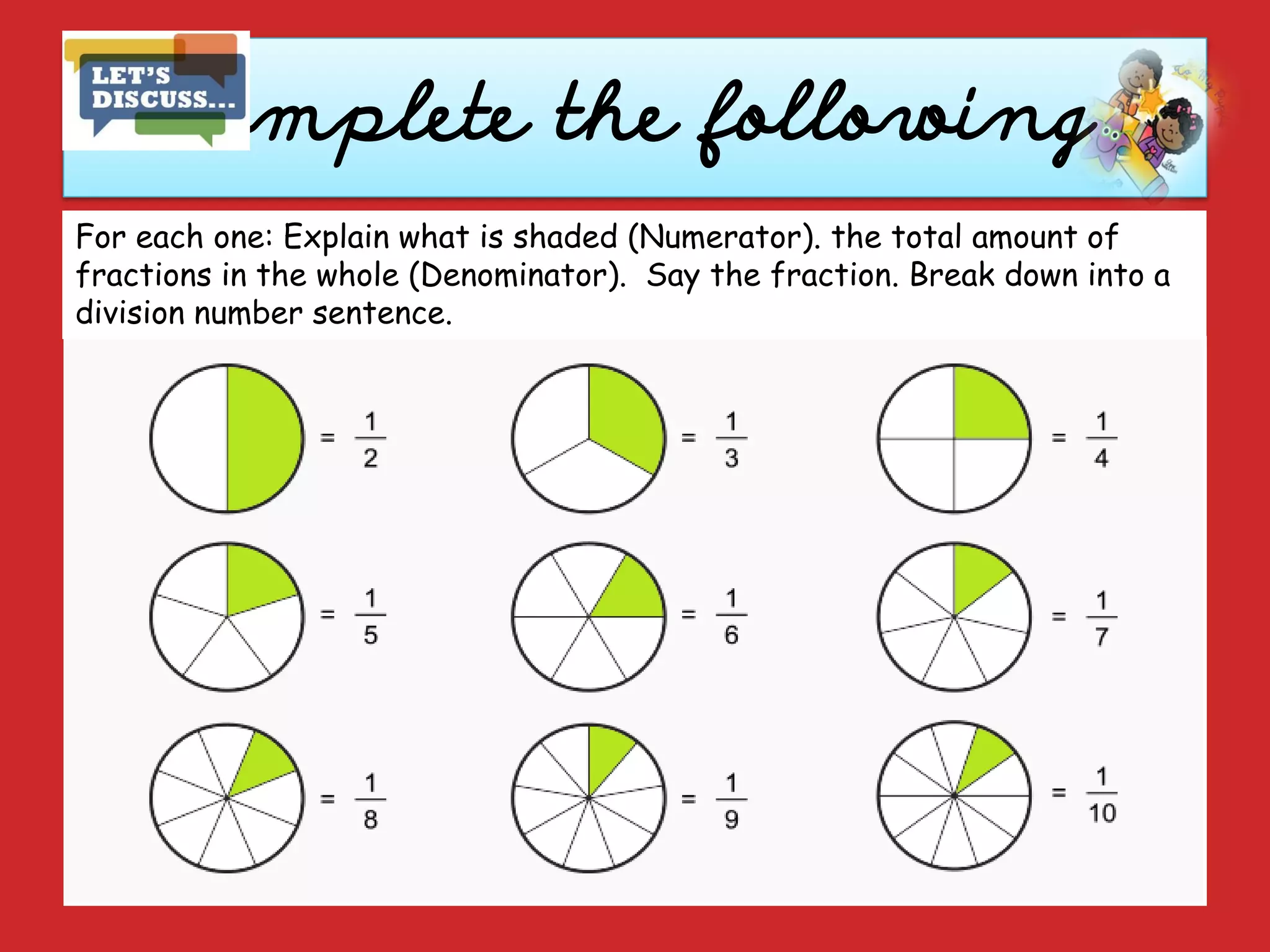Complete the following
For each one: Explain what is shaded (Numerator). the total amount of
fractions in the whole (Denominator). Say the fraction. Break down into a
division number sentence.
 