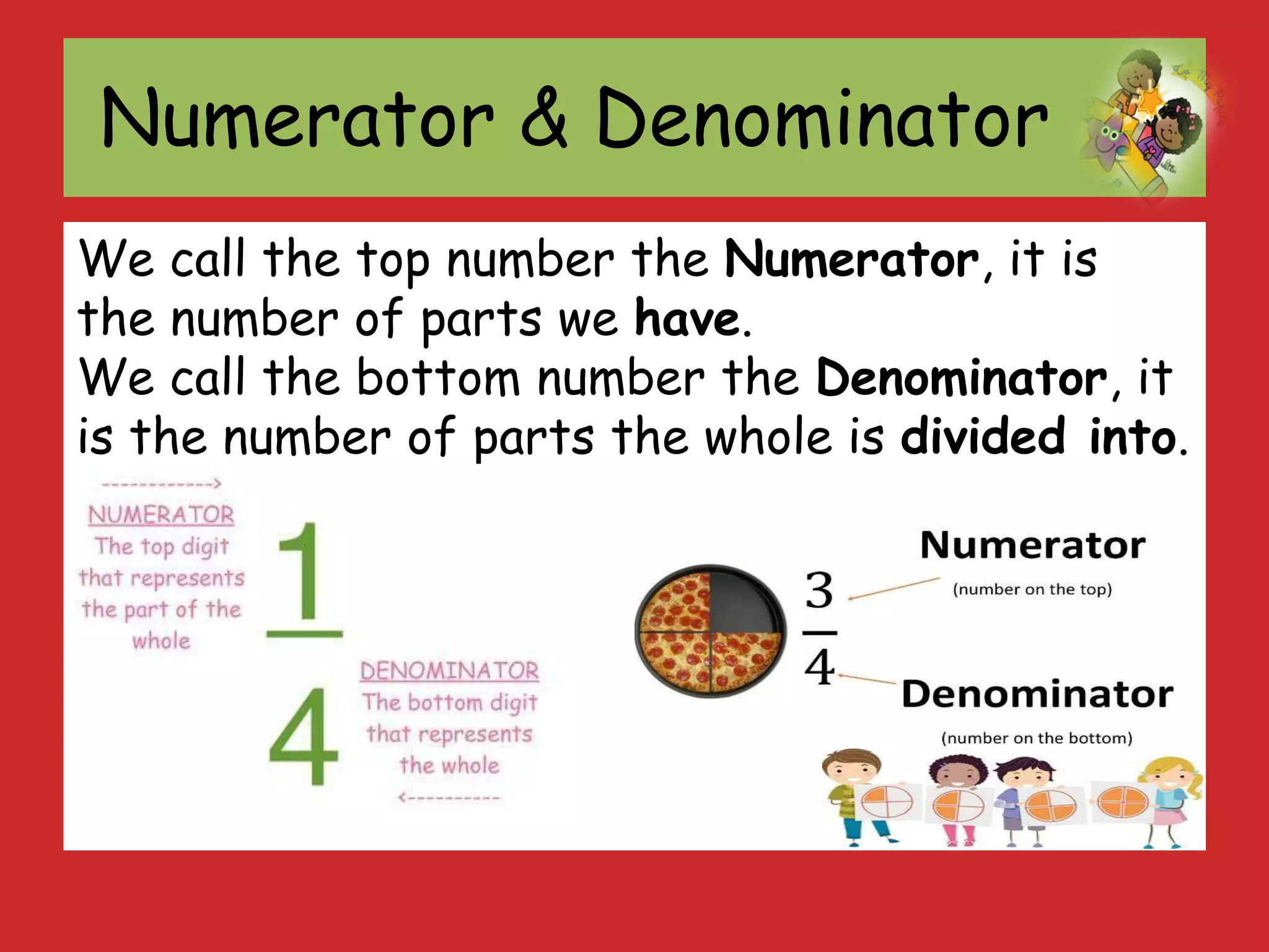 Numerator & Denominator
We call the top number the Numerator, it is
the number of parts we have.
We call the bottom number the Denominator, it
is the number of parts the whole is divided into.
 
