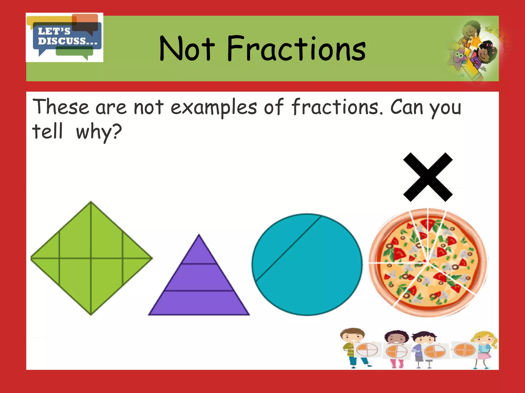 Not Fractions
These are not examples of fractions. Can you
tell why?
 