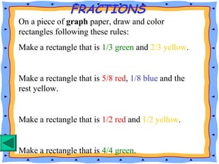 On a piece of graph paper, draw and color
rectangles following these rules:
Make a rectangle that is 1/3 green and 2/3 yellow.
Make a rectangle that is 5/8 red, 1/8 blue and the
rest yellow.
Make a rectangle that is 1/2 red and 1/2 yellow.
Make a rectangle that is 4/4 green.
FRACTIONS
 
