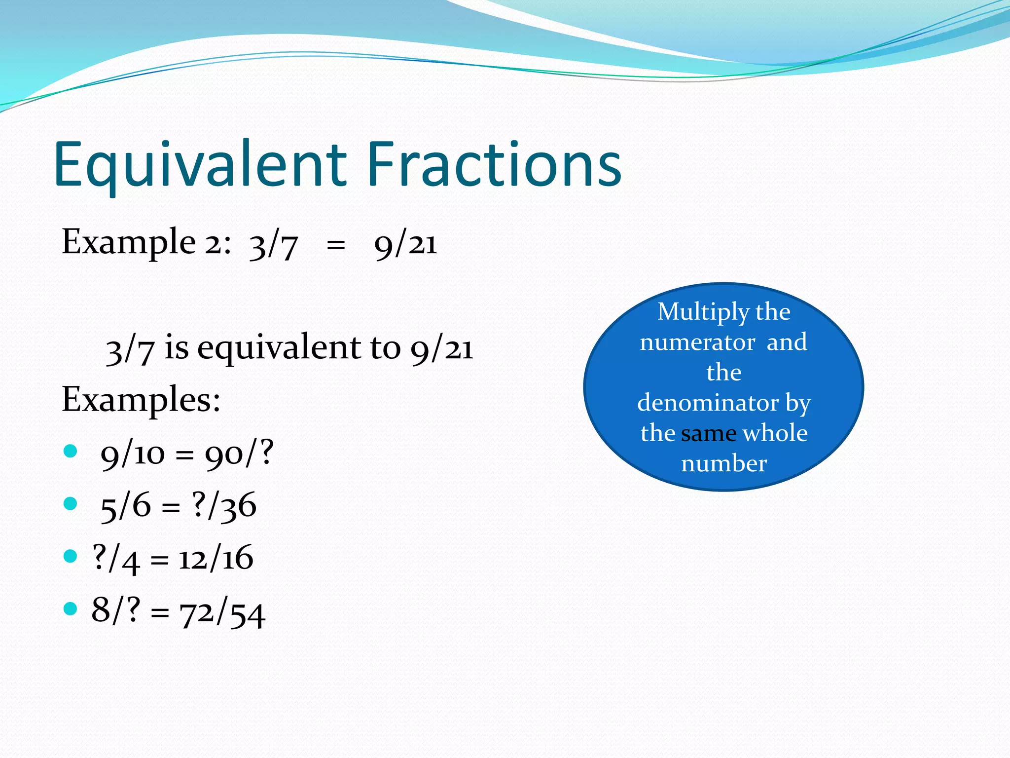 Equivalent Fractions
Example 2: 3/7 = 9/21
                                 Multiply the
   3/7 is equivalent to 9/21   numerator and
                                     the
Examples:                      denominator by
                               the same whole
 9/10 = 90/?                      number
 5/6 = ?/36
 ?/4 = 12/16
 8/? = 72/54
 