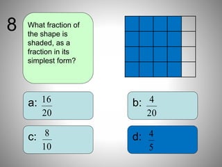 b:
d:
a:
c:
What fraction of
the shape is
shaded, as a
fraction in its
simplest form?
8
20
16
20
4
10
8
5
4
 
