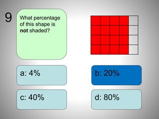 b: 20%
d: 80%
a: 4%
c: 40%
What percentage
of this shape is
not shaded?
9
 