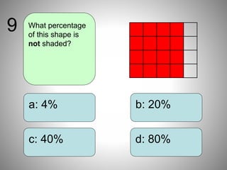 b: 20%
d: 80%
a: 4%
c: 40%
What percentage
of this shape is
not shaded?
9
 