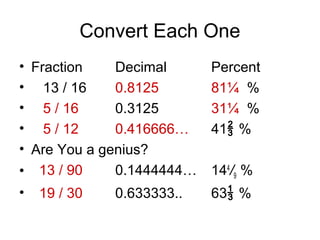Convert Each One
• Fraction    Decimal      Percent
• 13 / 16     0.8125       81¼ %
• 5 / 16      0.3125       31¼ %
• 5 / 12      0.416666…    41 %
• Are You a genius?
• 13 / 90     0.1444444…   144/9 %
•   19 / 30   0.633333..   63 %
 