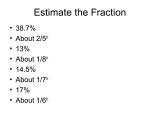 Estimate the Fraction
•   38.7%
•   About 2/5th
•   13%
•   About 1/8th
•   14.5%
•   About 1/7th
•   17%
•   About 1/6th
 