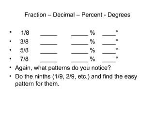 Fraction – Decimal – Percent - Degrees

•     1/8     _____       _____ % ____°
•     3/8     _____       _____ % ____°
•     5/8     _____       _____ % ____°
•     7/8     _____       _____ % ____°
•   Again, what patterns do you notice?
•   Do the ninths (1/9, 2/9, etc.) and find the easy
    pattern for them.
 