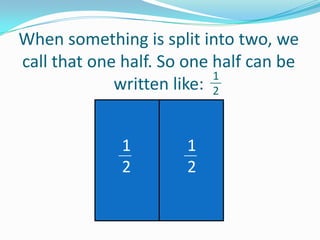 When something is split into two, we
call that one half. So one half can be
1
written like: 2
1
2

1
2

 