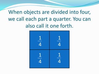 When objects are divided into four,
we call each part a quarter. You can
also call it one forth.
1
4

1
4

1
4

1
4

 