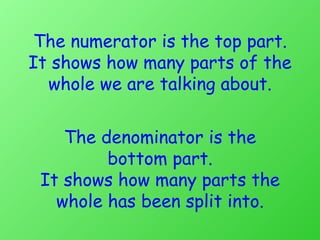 The numerator is the top part. It shows how many parts of the whole we are talking about. The denominator is the bottom part. It shows how many parts the whole has been split into. 