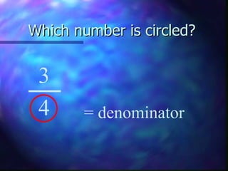 Which number is circled?   3 4 = denominator 