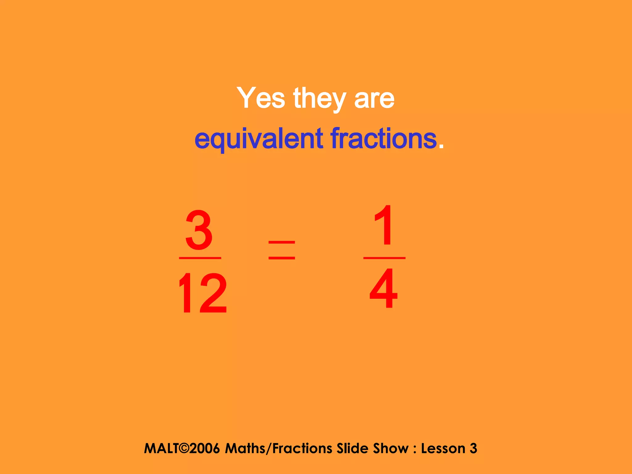 Yes they are
       equivalent fractions.


   3                           1
   12                          4

MALT©2006 Maths/Fractions Slide Show : Lesson 3
 