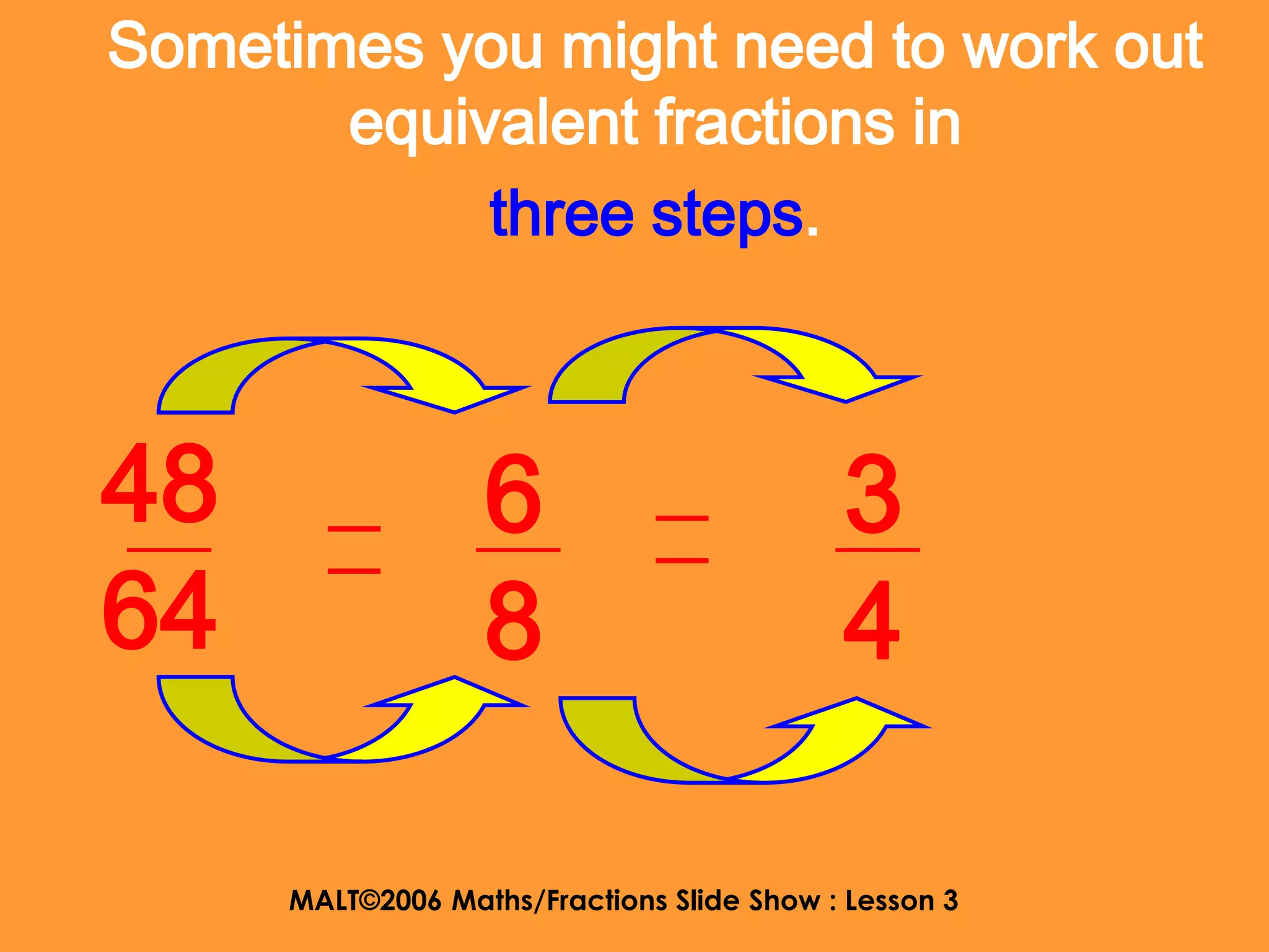 Sometimes you might need to work out
       equivalent fractions in
            three steps.



48                6                        3
64                8                        4

     MALT©2006 Maths/Fractions Slide Show : Lesson 3
 