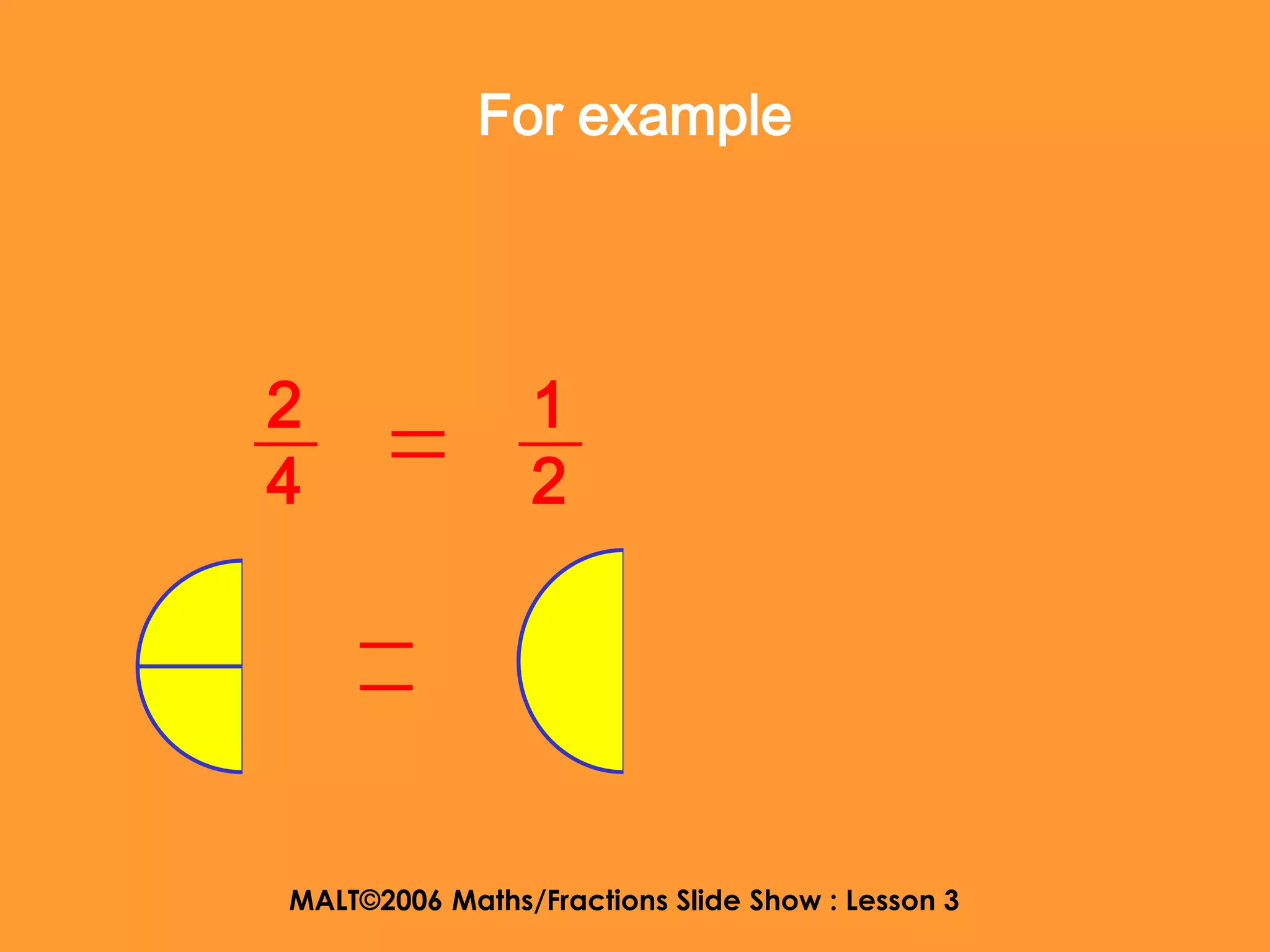 For example




2               1
4               2




MALT©2006 Maths/Fractions Slide Show : Lesson 3
 