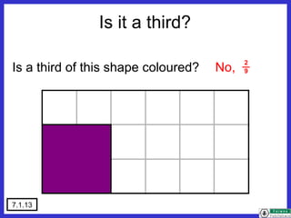 7.1.13
Is a third of this shape coloured? No,
_
9
2
Is it a third?
 