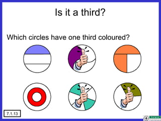 7.1.13
Which circles have one third coloured?
Is it a third?
 
