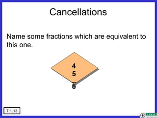 7.1.13
_
_1
6
1
2
_
_2
0
1
2
_
_1
5
5
_
_4
8
3
0
_
_1
0
9
_
_
4
1
_
_
5
4
Cancellations
Name some fractions which are equivalent to
this one.
 