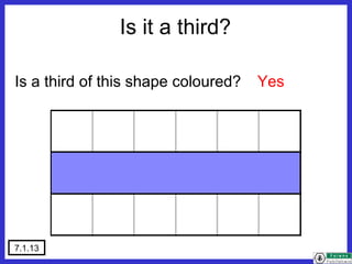 7.1.13
Is a third of this shape coloured? Yes
Is it a third?
 