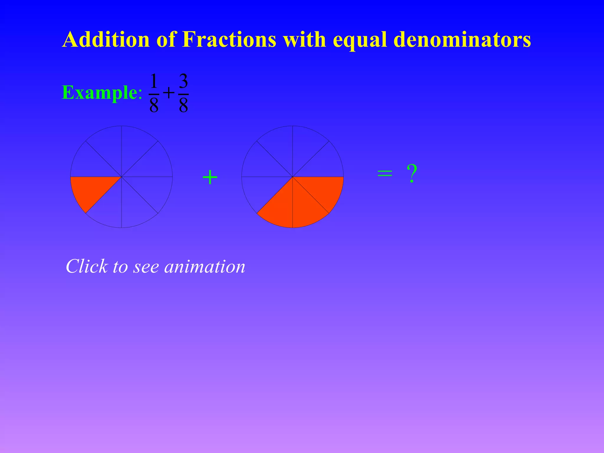 Addition of Fractions with equal denominators
1 3
8 8

Example: +

+
Click to see animation

= ?

 