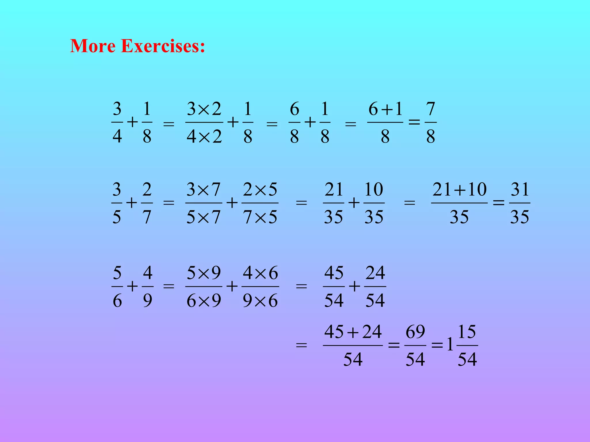 More Exercises:
3 1
3× 2 1
6 1
6 +1 7
+ =
+ = + =
=
4 8
4× 2 8
8 8
8
8

3 2
3× 7 2 × 5
21 10
+ =
+
+
=
5 7
5× 7 7 ×5
35 35

21 + 10 31
=
=
35
35

5 4
5×9 4× 6
45 24
+ =
+
+
=
6 9
6×9 9×6
54 54
45 + 24 69
15
=
=1
=
54
54
54

 