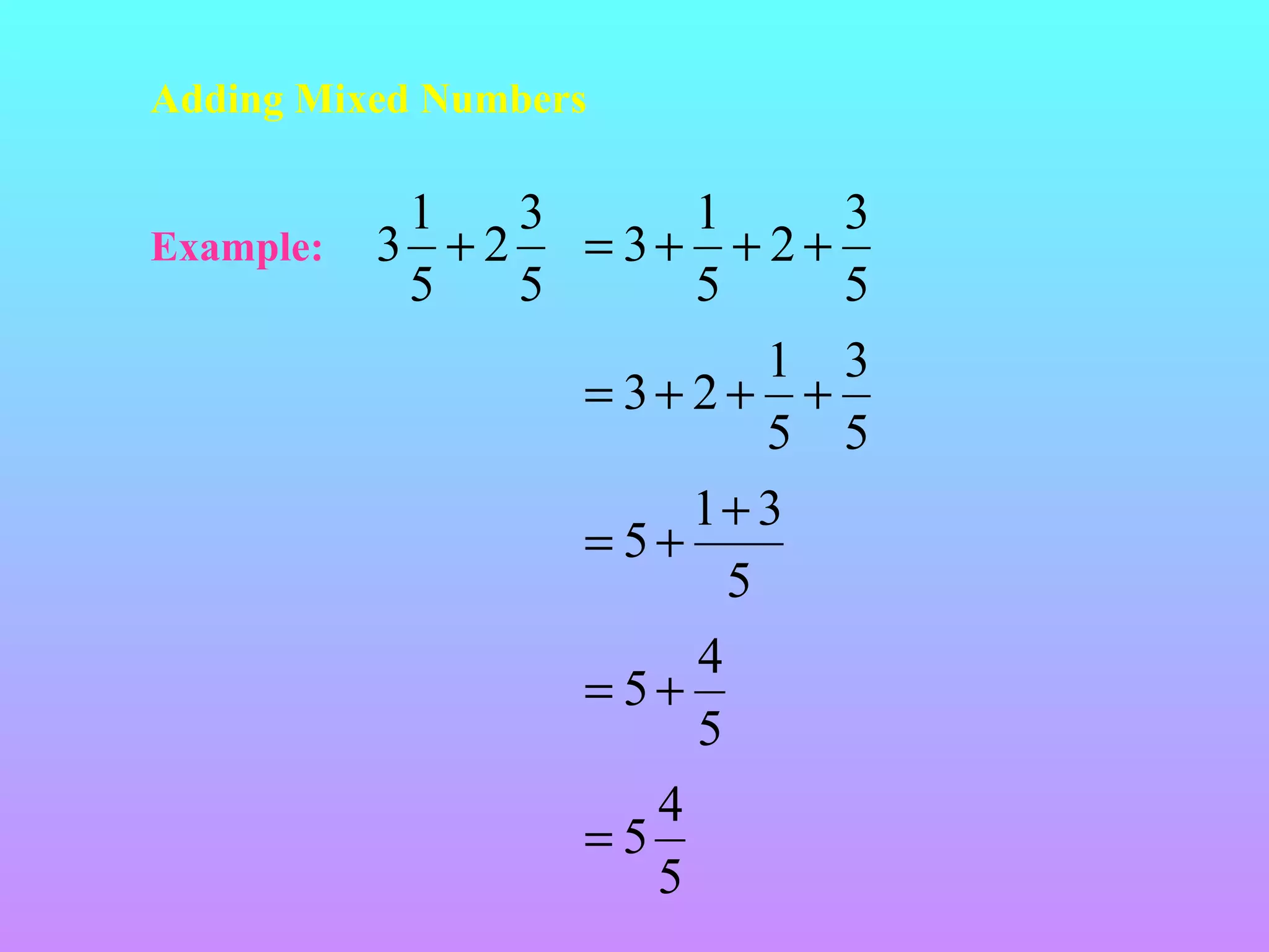 Adding Mixed Numbers
Example:

1
3
1
3
3 + 2 = 3+ + 2+
5
5
5
5
1 3
= 3+ 2+ +
5 5
1+ 3
= 5+
5
4
= 5+
5
4
=5
5

 