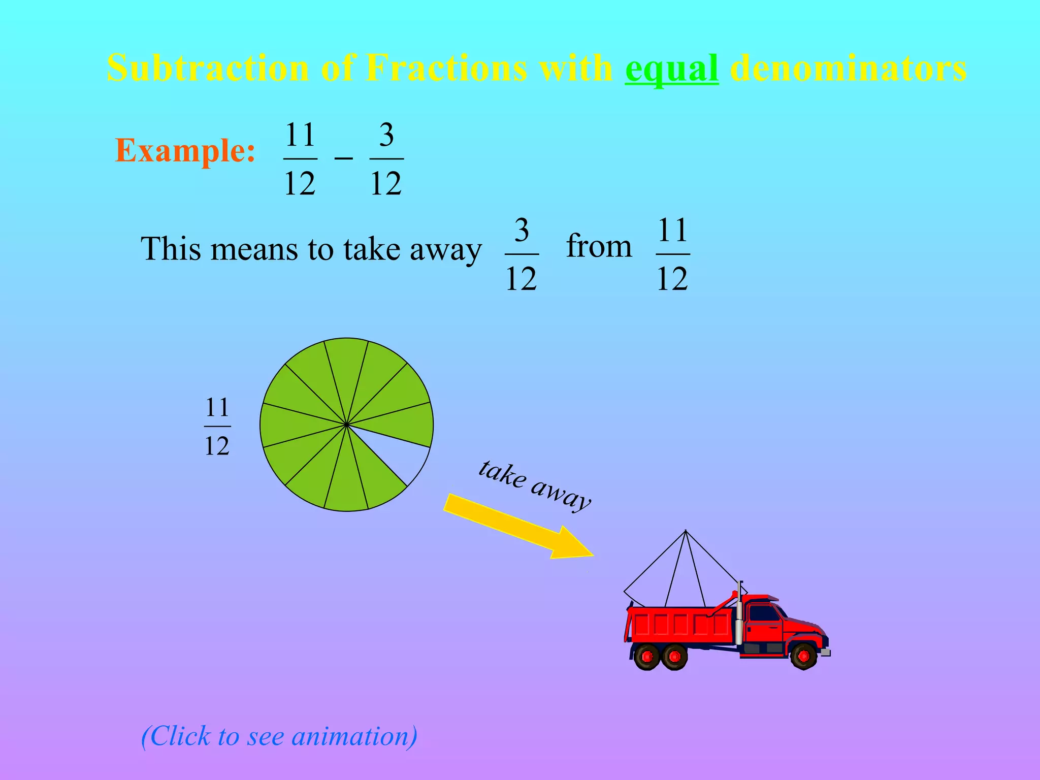 Subtraction of Fractions with equal denominators
Example: 11 − 3
12 12
This means to take away

11
12

(Click to see animation)

3 from 11
12
12

take

a wa

y

 