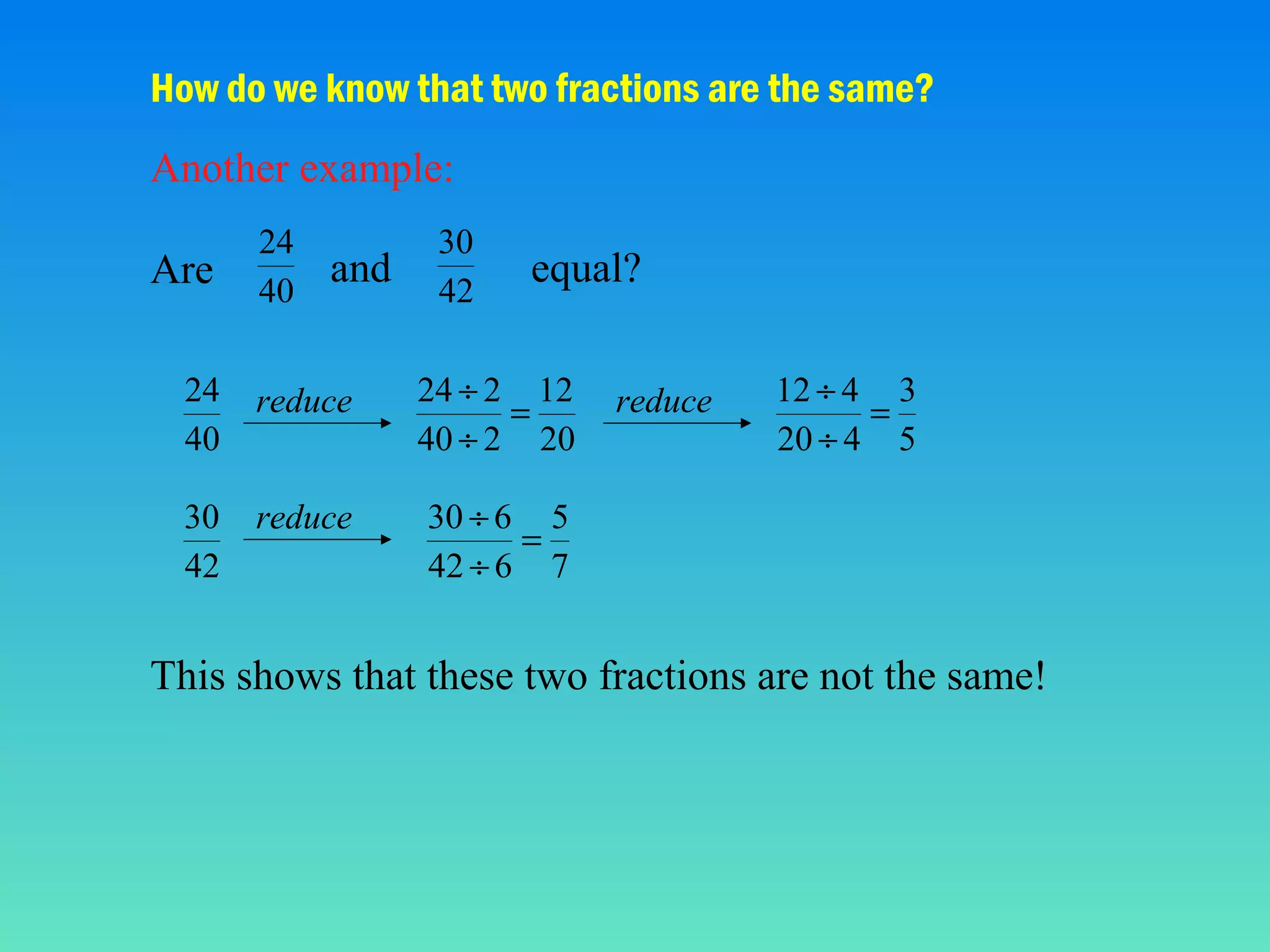 How do we know that two fractions are the same?
Another example:
Are

24
40

and

30
42

equal?

24
40

reduce

24 ÷ 2 12
=
40 ÷ 2 20

30
42

reduce

30 ÷ 6 5
=
42 ÷ 6 7

reduce

12 ÷ 4 3
=
20 ÷ 4 5

This shows that these two fractions are not the same!

 
