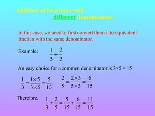 Addition of Fractions with
different denominators
In this case, we need to first convert them into equivalent
fraction with the same denominator.
Example:

1 2
+
3 5

An easy choice for a common denominator is 3×5 = 15

1 1× 5 5
=
=
3 3 × 5 15
Therefore,

2 2×3 6
=
=
5 5 × 3 15

1 2 5 6 11
+ = +
=
3 5 15 15 15

 