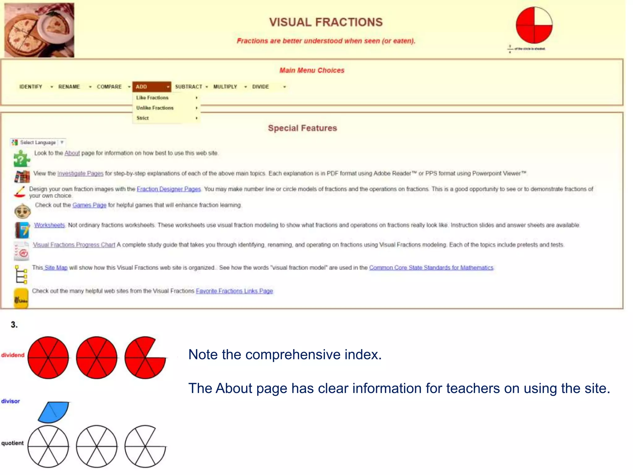 Note the comprehensive index.
The About page has clear information for teachers on using the site.
 