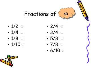 Fractions of
• 1/2 =
• 1/4 =
• 1/8 =
• 1/10 =
• 2/4 =
• 3/4 =
• 5/8 =
• 7/8 =
• 6/10 =
40
 