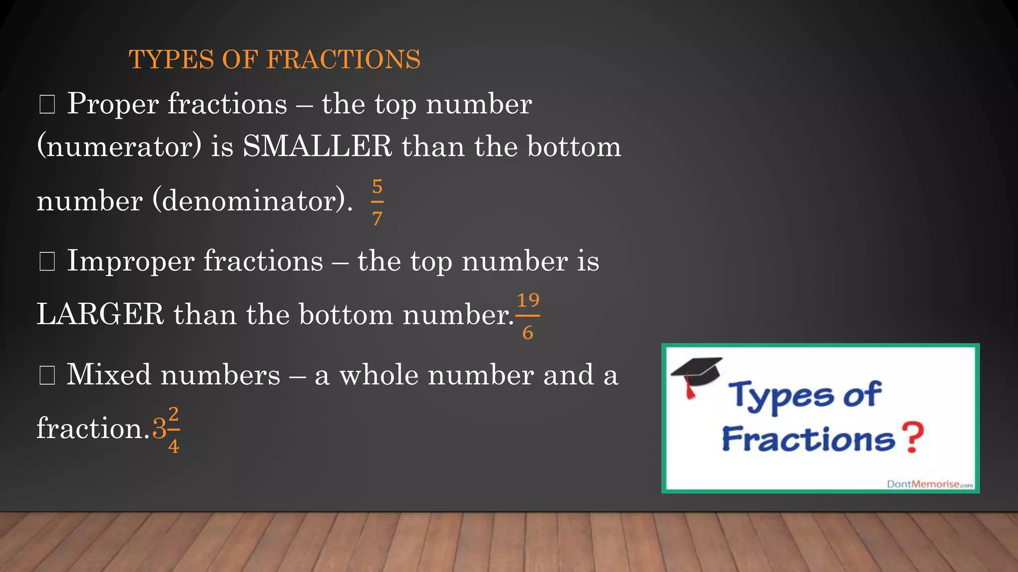 TYPES OF FRACTIONS
Proper fractions – the top number
(numerator) is SMALLER than the bottom
number (denominator).
5
7
Improper fractions – the top number is
LARGER than the bottom number.
19
6
Mixed numbers – a whole number and a
fraction.3
2
4
 