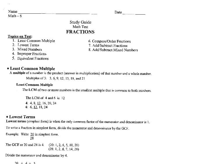 Fraction Study Guide 2011 Adding And Subtraction