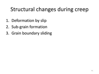 Structural changes during creep
1. Deformation by slip
2. Sub-grain formation
3. Grain boundary sliding
41
 