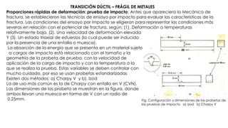 TRANSICIÓN DÚCTIL – FRÁGIL DE METALES
Proporciones rápidas de deformación: prueba de impacto: Antes que apareciera la Mecánica de
fractura, se establecieron las técnicas de ensayo por impacto para evaluar las características de la
fractura. Las condiciones del ensayo por impacto se eligieron para representar las condiciones más
severas en relación con el potencial de fractura, según: (1). Deformación a temperaturas
relativamente baja, (2). Una velocidad de deformación elevada
Y (3). Un estado triaxial de esfuerzos (la cual puede ser inducido
por la presencia de una entalla o muesca).
La absorción de la energía que se presenta en un material sujeto
a cargas de impacto está relacionado con el tamaño y la
geometría de la probeta de prueba, con la velocidad de
aplicación de la carga de impacto y con la temperatura a la
que se realiza la prueba. Estas variables se deben controlar con
mucho cuidado, por eso se usan probetas estandarizadas
Existen dos métodos: a) Charpy V y b). Izod
La de uso más común es la de Charpy con entalla en V (CVN).
Las dimensiones de las probeta se muestran en la figura, donde
ambos llevan una muesca en forma de V con un radio de
0.25mm. Fig. Configuración y dimensiones de las probetas de
las pruebas de impacto. a) izod b) Charpy V
 