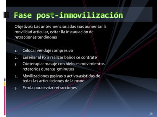 Objetivos: Las antes mencionadas mas aumentar la
movilidad articular, evitar lla instauración de
retracciones tendinosas
1. Colocar vendaje compresivo
2. Enseñar al Px a realizar baños de contrate
3. Crioterapia: masaje con hielo en movimientos
rotatorios durante 5minutos
4. Movilizaciones pasivas o activo-asistidas de
todas las articulaciones de la mano
5. Férula para evitar retracciones
28
 