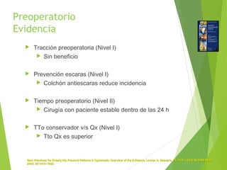 Preoperatorio
Evidencia
 Tracción preoperatoria (Nivel I)
 Sin beneficio
 Prevención escaras (Nivel I)
 Colchón antiescaras reduce incidencia
 Tiempo preoperatorio (Nivel II)
 Cirugía con paciente estable dentro de las 24 h
 TTo conservador v/s Qx (Nivel I)
 Tto Qx es superior
Best Practices for Elderly Hip Fracture Patients A Systematic Overview of the Evidence. Lauren A. Beaupre, PT, PhD J GEN INTERN MEDBest Practices for Elderly Hip Fracture Patients A Systematic Overview of the Evidence. Lauren A. Beaupre, PT, PhD J GEN INTERN MED
2005; 20:1019–1025.2005; 20:1019–1025.
 