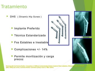 Tratamiento
 DHS ( Dinamic Hip Screw )
 Implante Preferido
 Técnica Estandarizada
 Fxs Estables e Inestables
 Complicaciones +/- 14%
 Permite movilización y carga
precoz
Extracapsular hip fracture fixation: Comparison of different extramedullary fixation implants (fixed nailplates, RAB-plate, Pugh nail, MedoffExtracapsular hip fracture fixation: Comparison of different extramedullary fixation implants (fixed nailplates, RAB-plate, Pugh nail, Medoff
plate, sliding hip screw). Cochrane Review. Cochrane Lybrary, Issue 4, 1998. Oxford.plate, sliding hip screw). Cochrane Review. Cochrane Lybrary, Issue 4, 1998. Oxford.
 