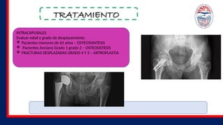 TRATAMIENTO
INTRACAPUSALES
Evaluar edad y grado de desplazamiento
 Pacientes menores de 65 años – OSTEOSISNTESIS
 Pacientes Anciano Grado 1 grado 2 – OSTEOSISTESIS
 FRACTURAS DESPLAZADAS GRADO 4 Y 3 – ARTROPLASTIA
 