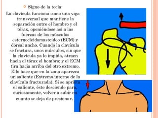    Signo de la tecla:
La clavícula funciona como una viga
      transversal que mantiene la
    separación entre el hombro y el
       tórax, oponiéndose así a las
         fuerzas de los músculos
   esternocleidomastoideo (ECM) y
  dorsal ancho. Cuando la clavícula
 se fractura, unos músculos, sin que
   la clavícula ya lo impida, atraen
 hacia el tórax el hombro; y el ECM
  tira hacia arriba del otro extremo.
  Ello hace que en la zona aparezca
  un saliente (Extremo interno de la
 clavícula fracturada). Si se aprieta
    el saliente, éste desciende para,
    curiosamente, volver a subir en
      cuanto se deja de presionar.
 