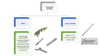 Tratamiento
quirúrgico
Placas
Pacas de bajo
contacto (LCP)*
Placas de compresión
dinámica (DCP)
Placa tercio de caña
De reconstrucción de
3.5 mm recta-curva
Placa gancho
Clavos y Tornillos
Steiman 3.5 y 4
Kirschner cruzados
Alambre Asif
 