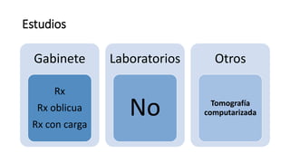 Estudios
Gabinete
Rx
Rx oblicua
Rx con carga
Laboratorios
No
Otros
Tomografía
computarizada
 