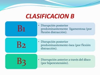 CLASIFICACION B
        • Disrupción posterior
B1        predominantemente ligamentosa (por
          flexión distracción).


        • Disrupción posterior
B2        predominantemente ósea (por flexión
          distracción).



B3      • Disrrupción anterior a través del disco
          (por hiperextensión).
 