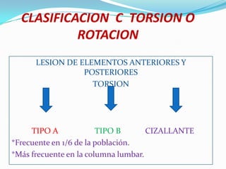 CLASIFICACION C TORSION O
           ROTACION
      LESION DE ELEMENTOS ANTERIORES Y
                 POSTERIORES
                   TORSION




     TIPO A             TIPO B       CIZALLANTE
*Frecuente en 1/6 de la población.
*Más frecuente en la columna lumbar.
 