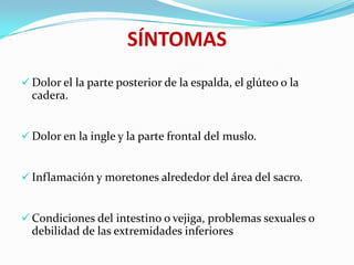 SÍNTOMAS
 Dolor el la parte posterior de la espalda, el glúteo o la
  cadera.


 Dolor en la ingle y la parte frontal del muslo.


 Inflamación y moretones alrededor del área del sacro.


 Condiciones del intestino o vejiga, problemas sexuales o
  debilidad de las extremidades inferiores
 